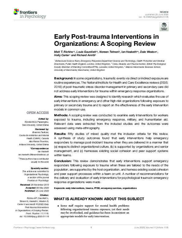 (PDF) Early Post-trauma Interventions in Organizations: A Scoping Review