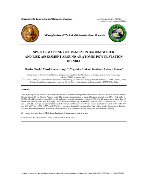 (PDF) Spatial Mapping of Uranium in Groundwater and Risk Assessment ...