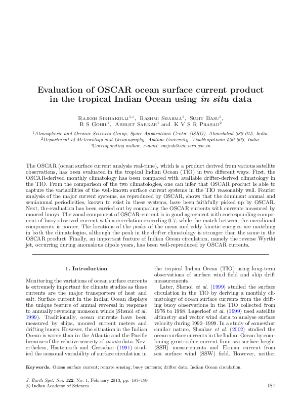 (PDF) Evaluation of OSCAR ocean surface current product in the tropical ...