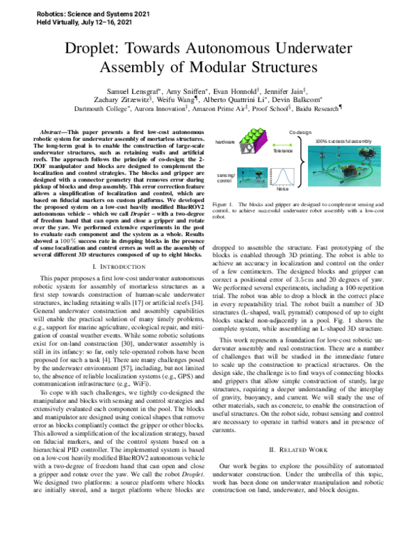 (PDF) Droplet: Towards Autonomous Underwater Assembly of Modular Structures