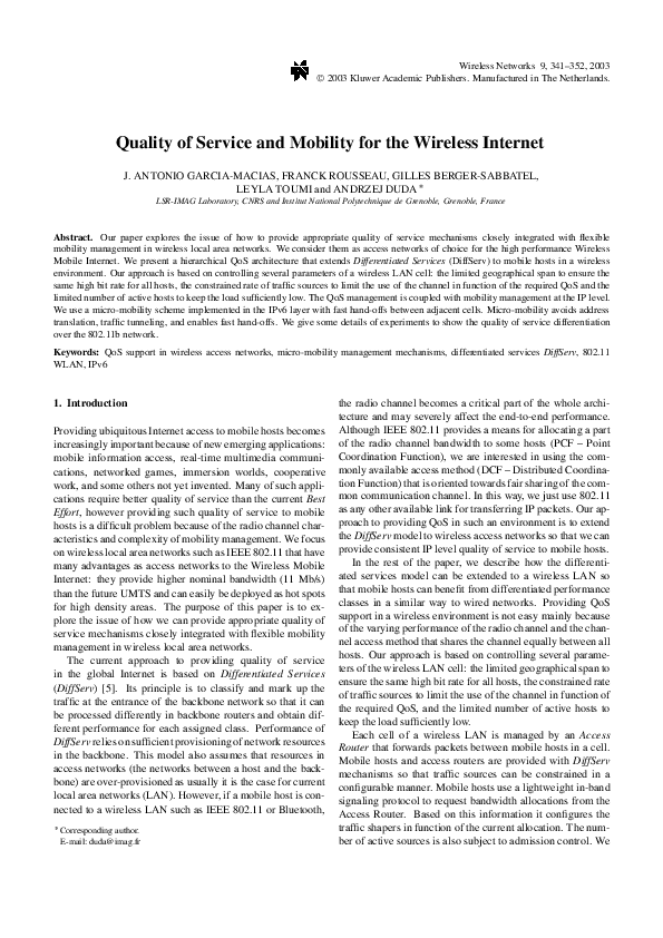 (PDF) Quality of service and mobility for the wireless internet