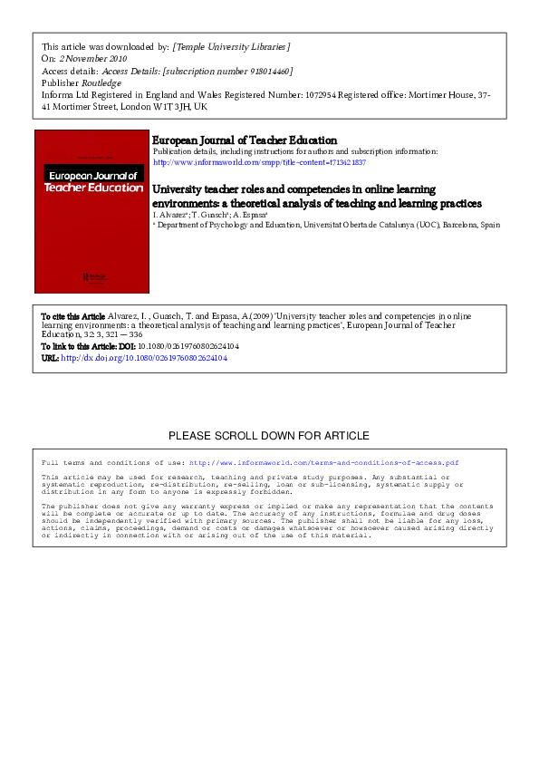 (PDF) University teacher roles and competencies in online learning ...