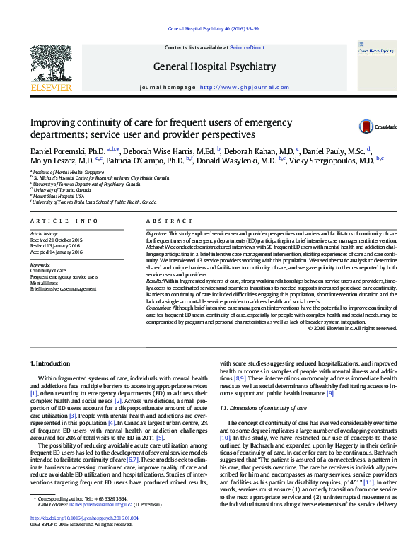 (PDF) Improving continuity of care for frequent users of emergency ...