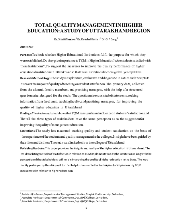 (PDF) TOTAL QUALITY MANAGEMENT IN HIGHER EDUCATION: A STUDY OF ...
