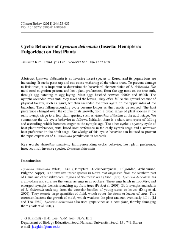 (PDF) Cyclic Behavior of Lycorma delicatula (Insecta Hemiptera
