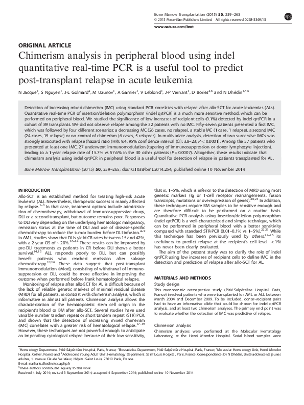 (PDF) Chimerism analysis in peripheral blood using indel quantitative ...