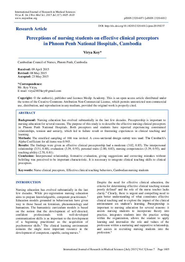 (PDF) Perceptions of nursing students on effective clinical preceptors ...