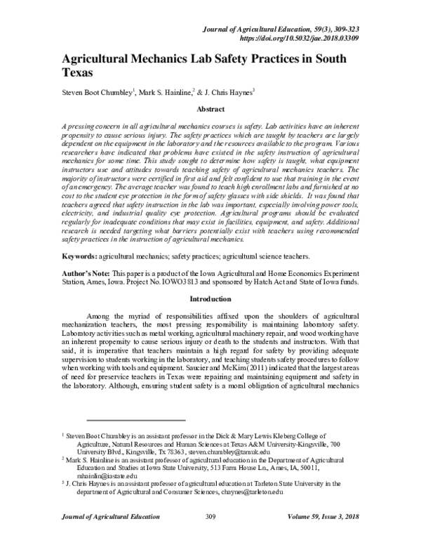 (PDF) Agricultural Mechanics Lab Safety Practices in South Texas J