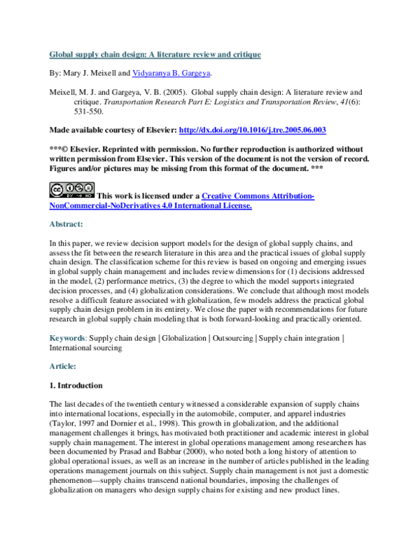 (PDF) Global supply chain design A literature review and critique