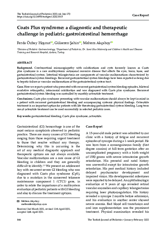 (PDF) Coats plus syndrome a diagnostic and therapeutic challenge in pediatric gastrointestinal