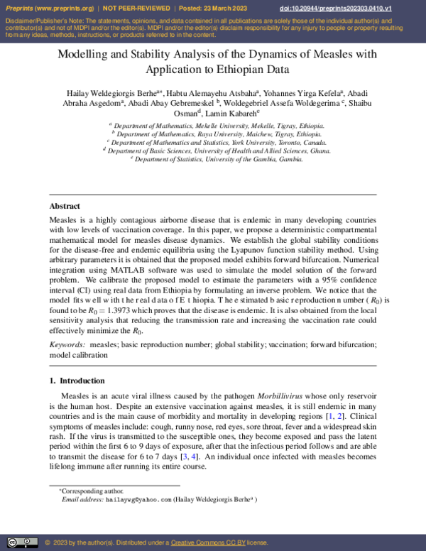 (PDF) Modelling and Stability Analysis of the Dynamics of Measles with ...