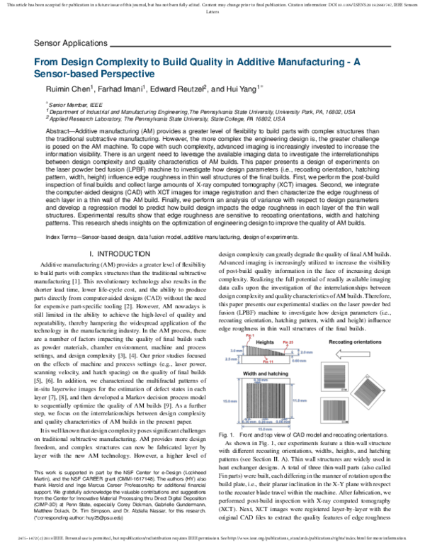 (PDF) From Design Complexity to Build Quality in Additive Manufacturing—A SensorBased
