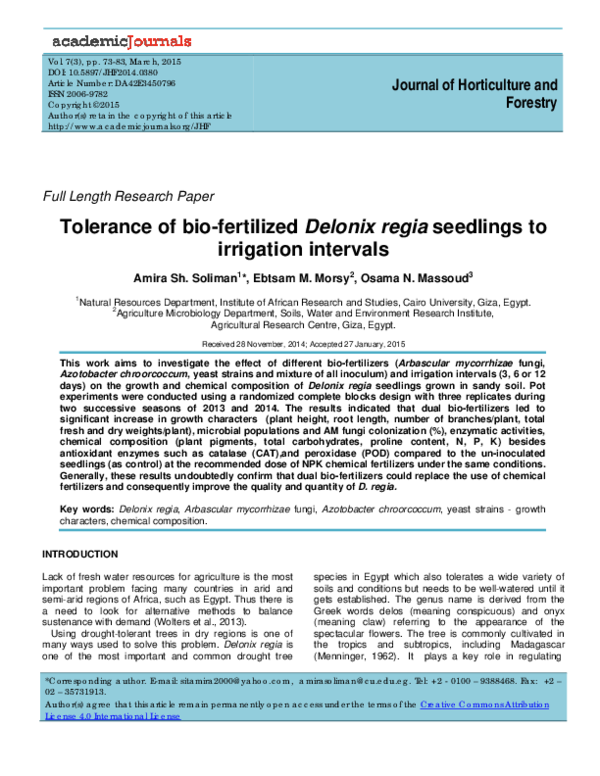 Tolerance of bio-fertilized Delonix regia seedlings to irrigation intervals