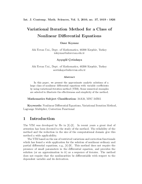 (PDF) Variational Iteration Method for a Class of Nonlinear ...