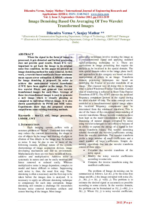 (PDF) Image Denoising Based On Averaging Of Two Wavelet Transformed Images