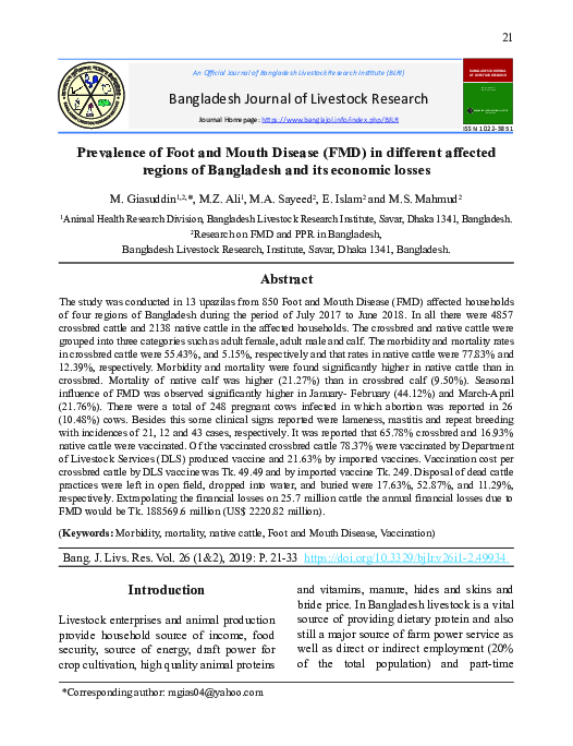 (PDF) Prevalence of Foot and Mouth Disease (FMD) in different affected ...