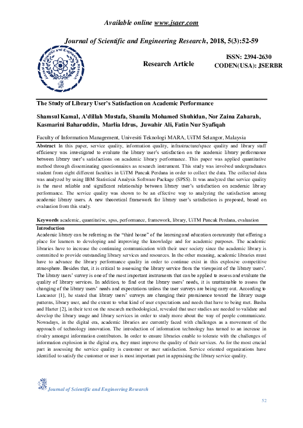 (PDF) The Study of Library User's Satisfaction on Academic Performance