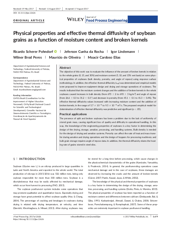 (PDF) Physical properties and effective thermal diffusivity of soybean ...