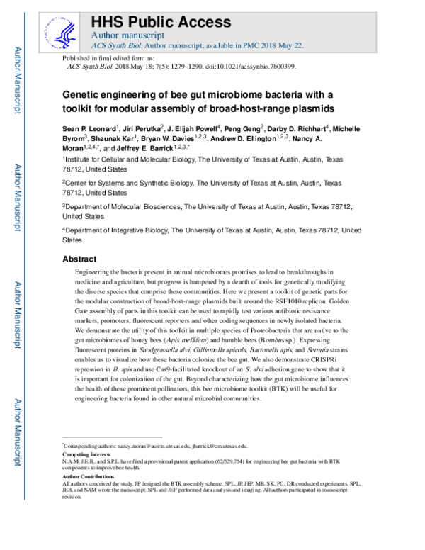 (PDF) Genetic Engineering of Bee Gut Microbiome Bacteria with a Toolkit ...