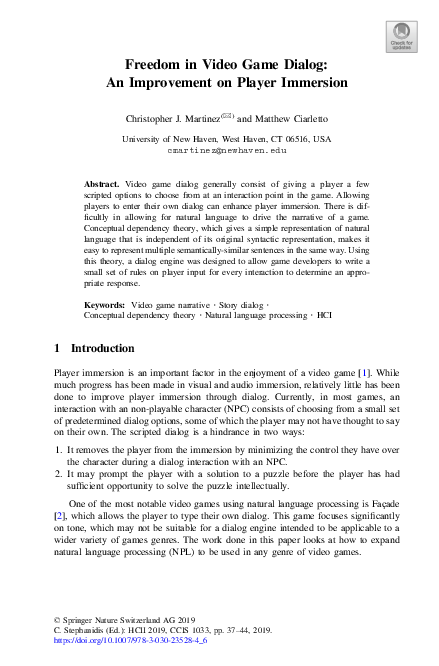 (PDF) Freedom in Video Game Dialog: An Improvement on Player Immersion