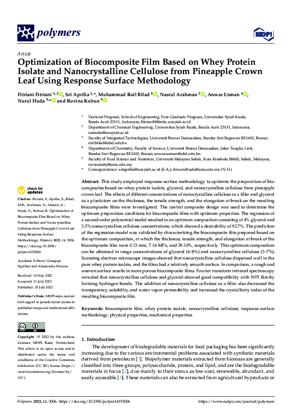 (PDF) Optimization of Biocomposite Film Based on Whey Protein Isolate ...