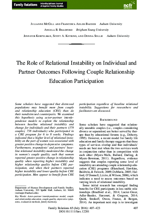 (PDF) The Role of Relational Instability on Individual and Partner ...
