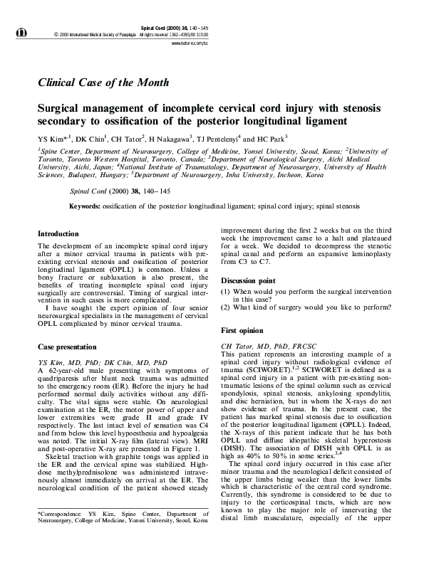 (PDF) Surgical management of incomplete cervical cord injury with ...