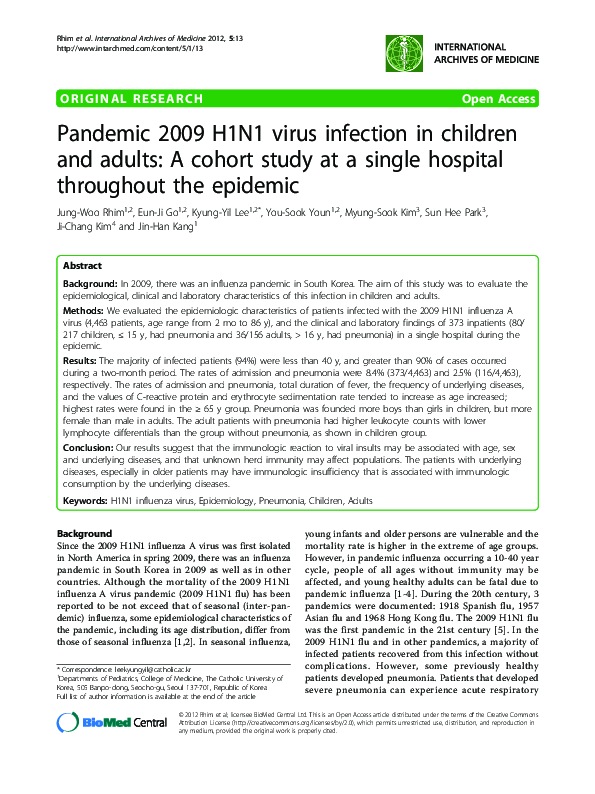 (PDF) Pandemic 2009 H1N1 virus infection in children and adults: A ...