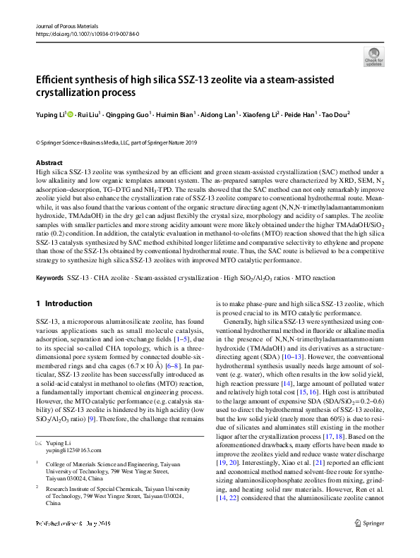 (PDF) Efficient synthesis of high silica SSZ-13 zeolite via a steam ...