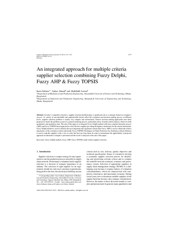 (PDF) An integrated approach for multiple criteria supplier selection ...