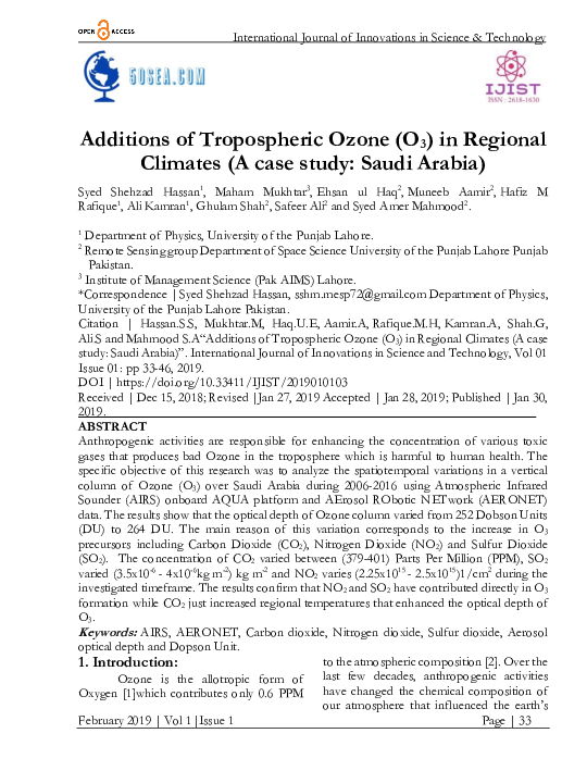 (PDF) Additions of Tropospheric Ozone (O3) in Regional Climates (A case ...