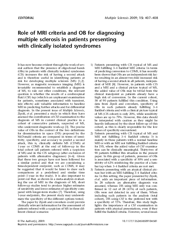 (PDF) Role of MRI criteria and OB for diagnosing multiple sclerosis in ...