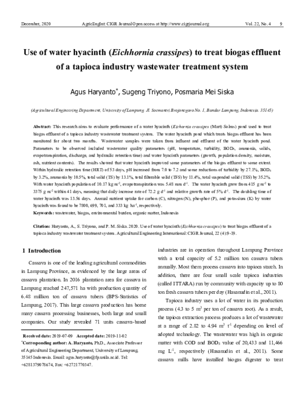 (PDF) Use of water hyacinth (Eichhornia crassipes) to treat biogas ...