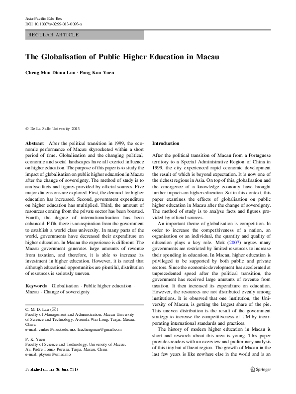 (PDF) The Globalisation of Public Higher Education in Macau