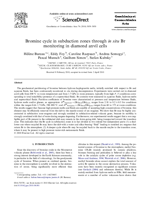 (PDF) Bromine cycle in subduction zones through in situ Br monitoring