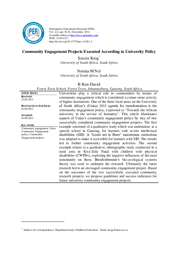 (PDF) Community Engagement Projects Executed According to University Policy