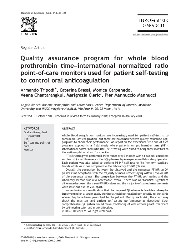 (PDF) Quality assurance program for whole blood prothrombin time ...