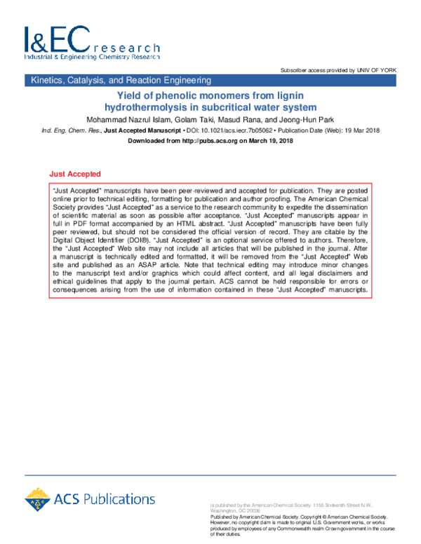 (PDF) Yield of Phenolic Monomers from Lignin Hydrothermolysis in ...