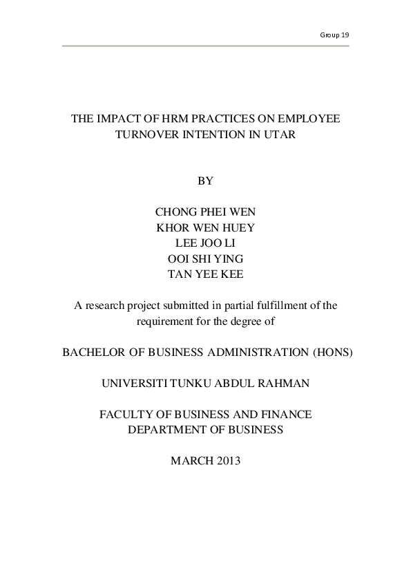 (PDF) The impact of HRM practices on employee turnover intention in UTAR