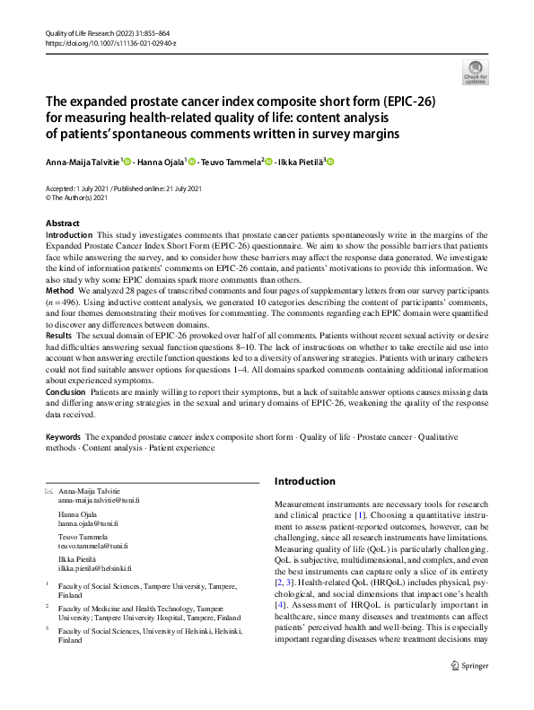 (PDF) The expanded prostate cancer index composite short form (EPIC-26 ...