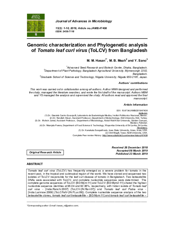 (PDF) Genomic characterization and Phylogenetic analysis of Tomato leaf ...