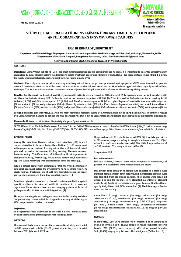 (PDF) STUDY OF BACTERIAL PATHOGENS CAUSING URINARY TRACT INFECTION AND ...