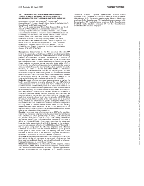 (PDF) 108. THE Cost-Effectiveness of Secukinumab Versus Tumour Necrosis ...