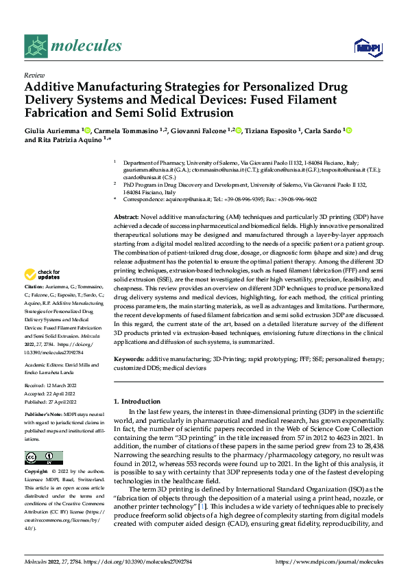 (PDF) Additive Manufacturing Strategies for Personalized Drug Delivery ...