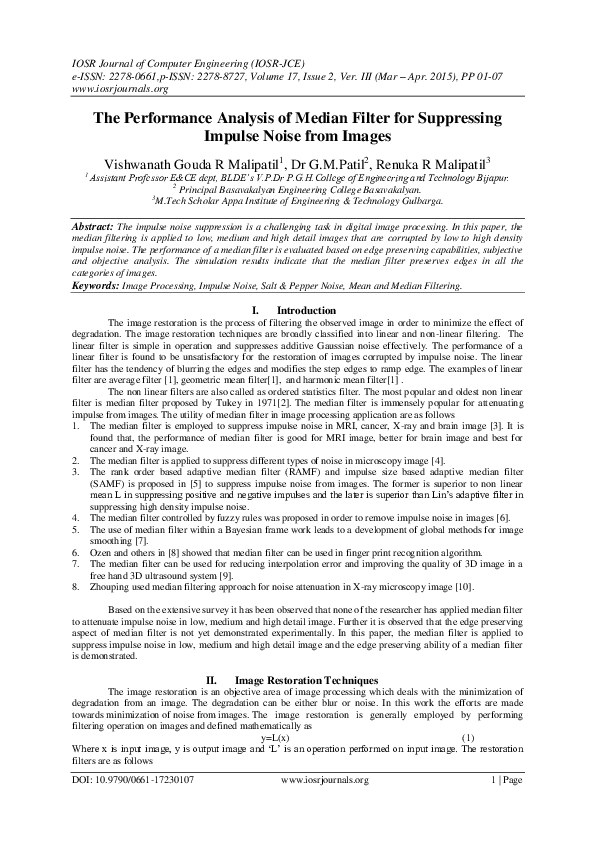 (PDF) The Performance Analysis of Median Filter for Suppressing Impulse ...