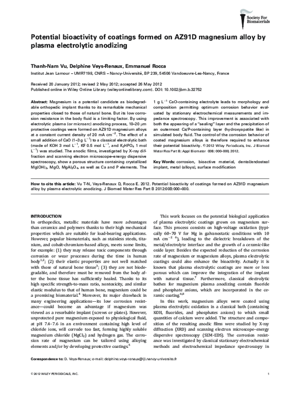 (PDF) Potential bioactivity of coatings formed on AZ91D magnesium alloy ...