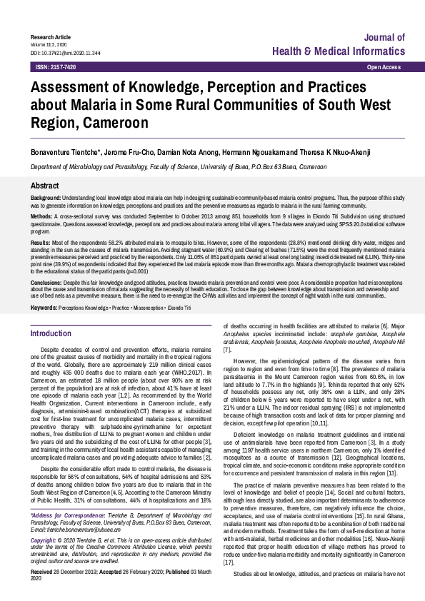 (PDF) Assessment of Knowledge, Perception and Practices about Malaria ...