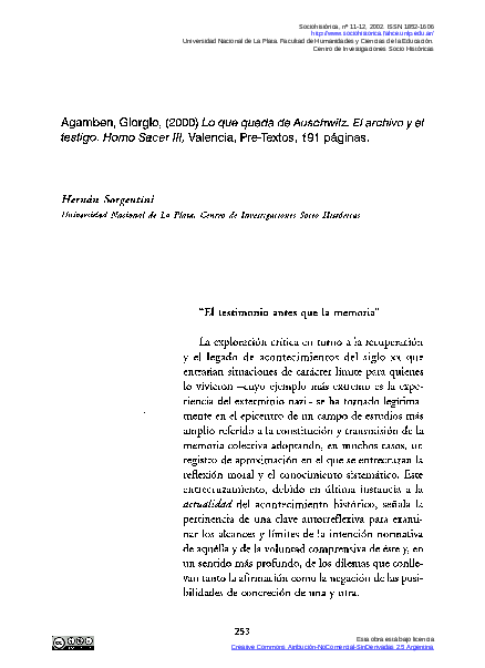  PDF Agamben Giorgio 2000 Lo Que Queda De Auschwitz El Archivo Y 