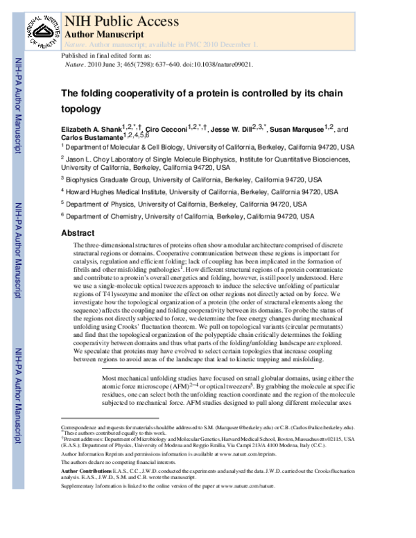 (PDF) The folding cooperativity of a protein is controlled by its chain