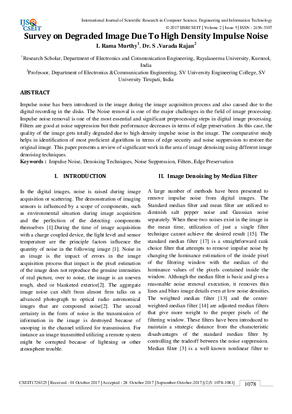 (PDF) Survey on Degraded Image Due To High Density Impulse Noise